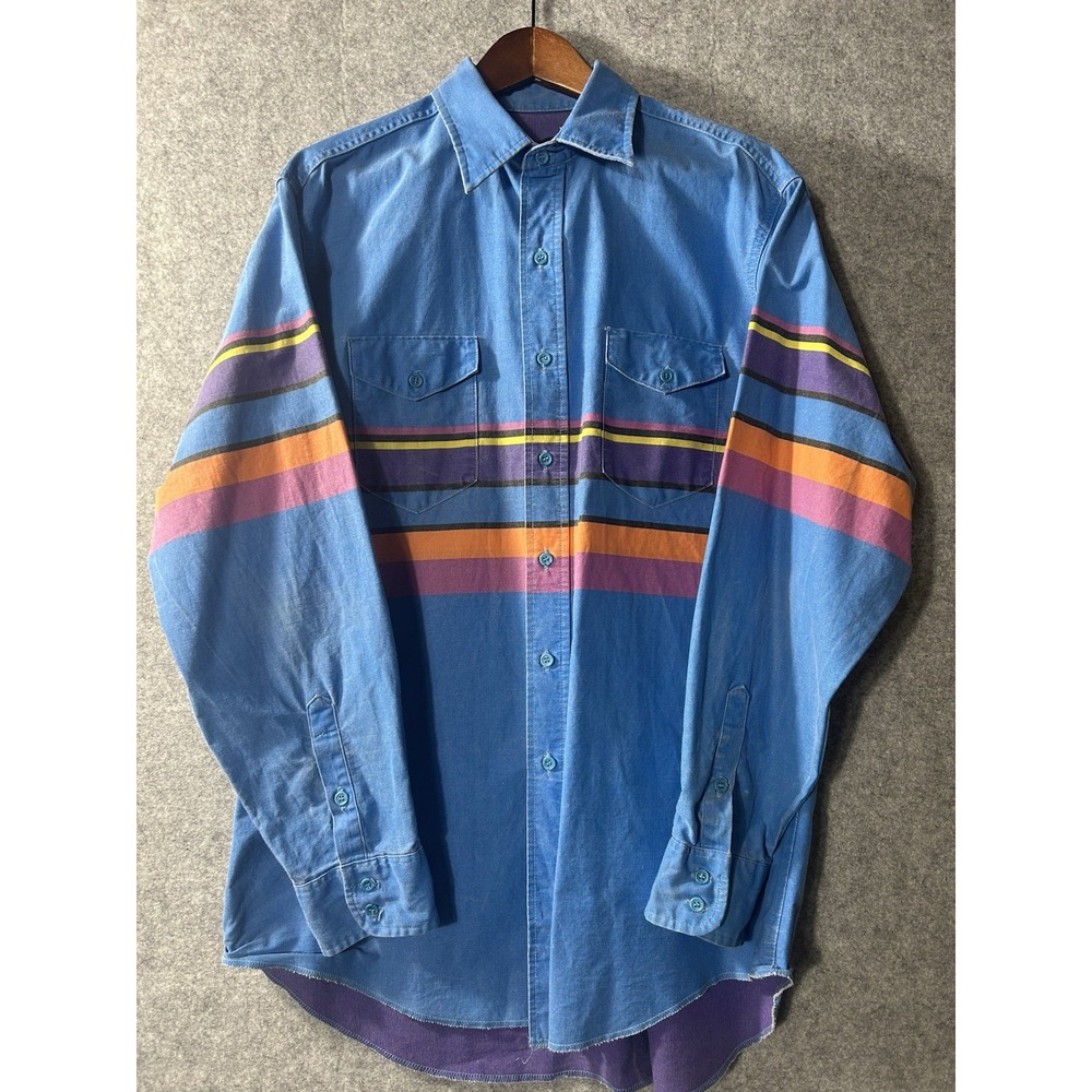 VTG 90s Wrangler Brushpopper Rodeo Western Shirt 17-34 RARE Blue Rainbow Stripe
